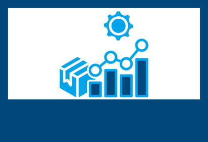 A gear on top of a bar chart with a trendline and a cardboard box next to it, icon style
