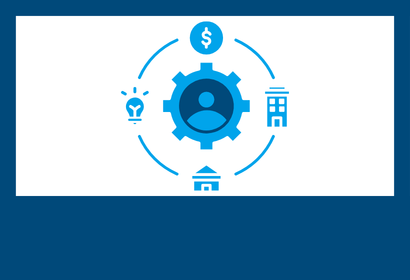 A person inside a gear surrounded by a circle with a house symbol, money symbol, office symbol, and idea symbol