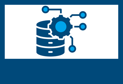 Stack of cylinders behind a gear with dots coming out of it to represent operational optimization