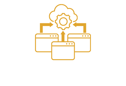 Icon of computer screens pointing towards a cloud with a gear in it