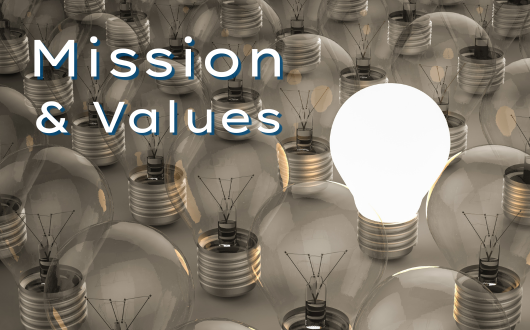 Text that reads: mission & values, over a picture of lightbulbs
