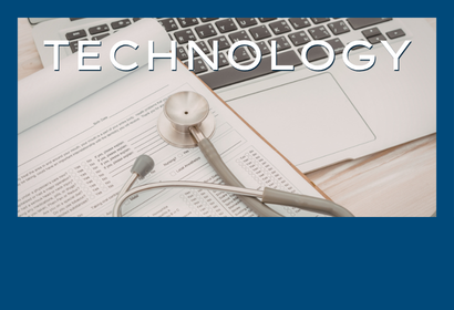 Photo of a laptop and a stethoscope with the word Technology overlayed