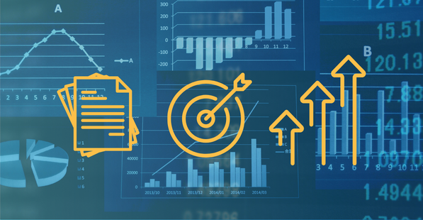 Yellow icons of a contract, a bullseye, and 3 increasing arrows over a blue abstract digital background