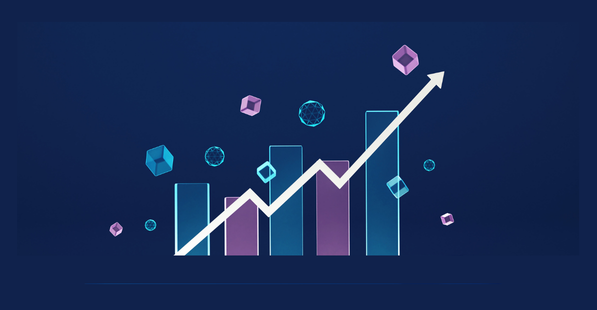 Digital blue and purple 3D design of a chart showing an increase and floating shapes around it
