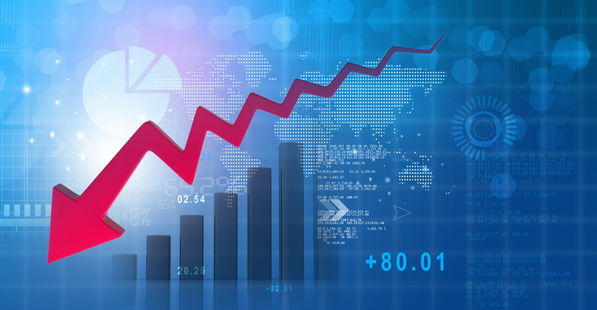 Image of a large red arrow decreasing over a blue bar chart in the background