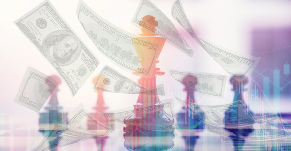 Chess pieces in the background of money floating in the air