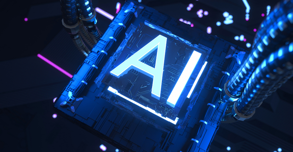 Digital components with AI in glowing letters