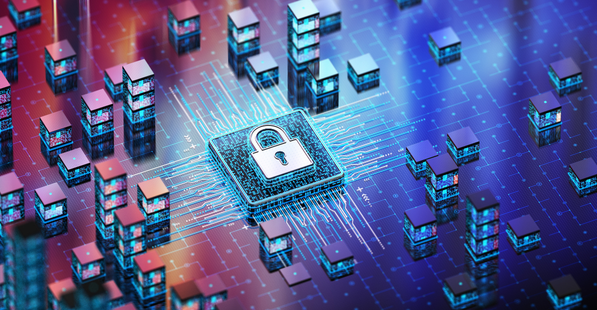 Digital image of a lock icon insice of a glowing computer chip