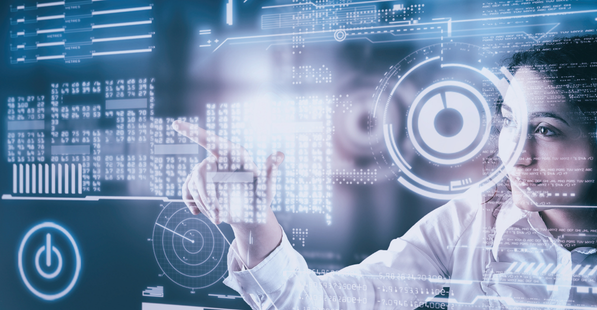 Woman working on a futuristic screen