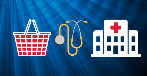 Icon of a shopping cart, a stethoscope, and a hospital building
