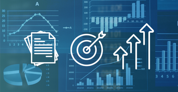 White icons of a contract, a bullseye, and 3 increasing arrows over a blue abstract digital background