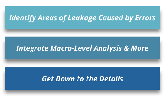 Text that reads: identify areas of leakage caused by errors, integrate macro-level analysis and more, and get down to the details