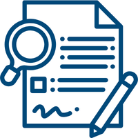 Signed contract with pencil icon and magnifying glass over top