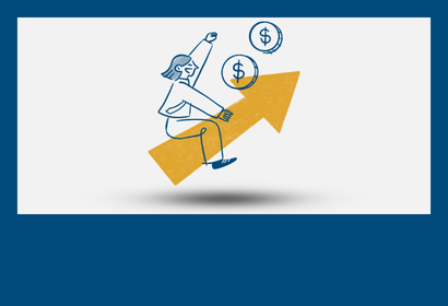 cartoon icon of a person on an arrow pointed up towards money