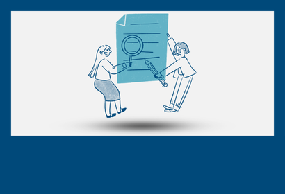 cartoon icon of people examining a big sheet of paper with a big magnifying glass