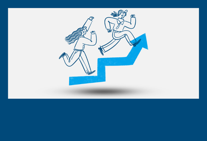 cartoon icon of 2 people running up an arrow