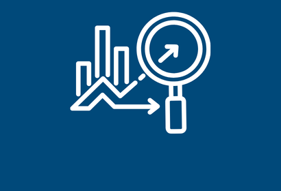 White icon of a bar chart with a trend line and a magnifying glass on a blue background