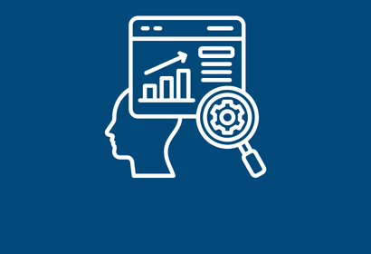 White icon of a person and a screen of reports with a magnifying glass on a blue background