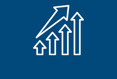 White icon showing an increasing bar chart on a blue background