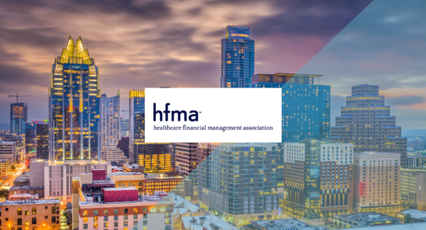 HFMA logo overtop of the Austin Texas skyline for the 2026 HFMA leadership summit