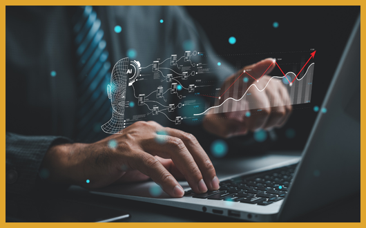 A person working at a computer with digital icons floating in front of it