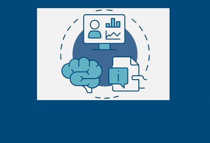 A brain, a computer with a person's profile, and a hand pointing to a warning on a paper over a circle to represent expert oversight