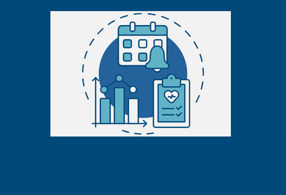 a chart, a clipboard, and a person selecting an option on a screen over a circle to represent personalized support