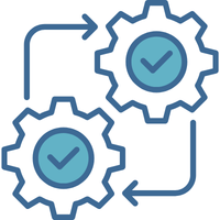 two gears with arrows between them and check marks inside