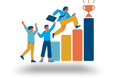 Floating icon of people climbing up a bar chart to reach a trophy
