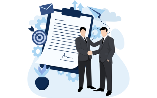 Icon of two people shaking hands in front of a contract with a bullseye symbol and a blue abstract background