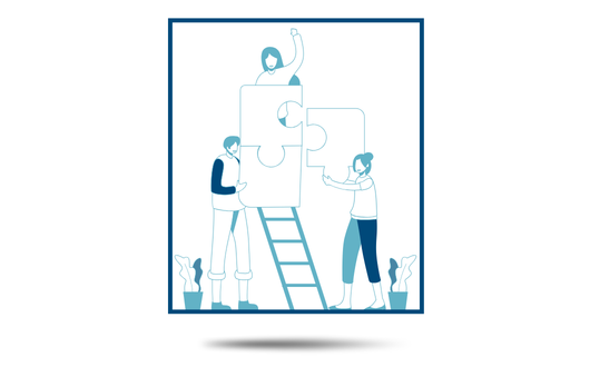 Cartoon icon of three people working together to fit three large puzzle pieces together