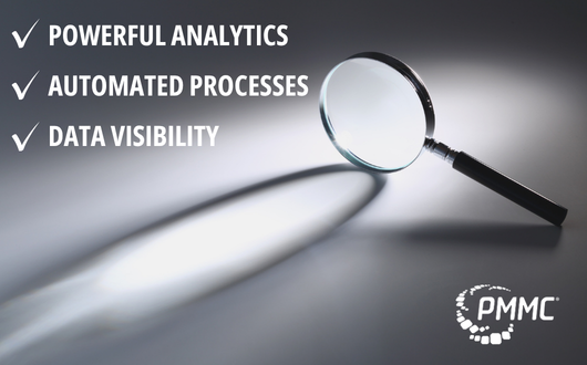 checklist including: powerful analytics, automated processes, data visibility. over an image of a magnifying glass shining a light on a grey background