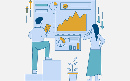 two cartoon people looking curiously at a board of data