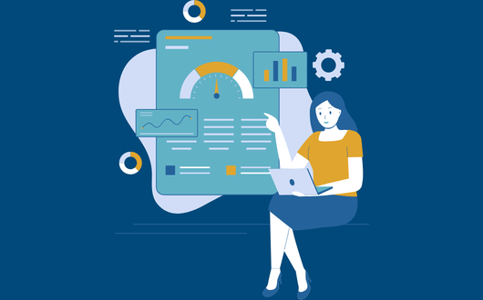 cartoon woman sitting in front of a board that shows data