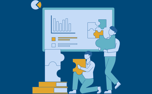 cartoon people with puzzle pieces in front of a presentation board