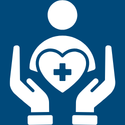 Icon showing two hands surrounding a person with a medical heart symbol