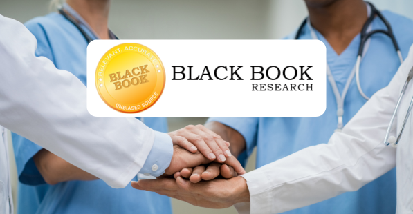 Black Book Market Research LLC logo overtop a stock image of healthcare workers stacking their hands together