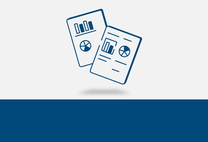 two papers with charts and data icons hovering