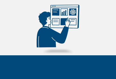 a person in front of a screen with dashboard options icons hovering