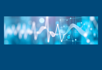 A digital blue background with an abstract heartbeat line