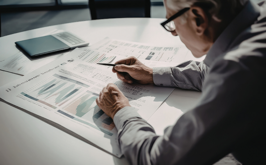 A person looking closely at a set of reports