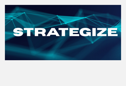 abstract teal and black background with text: strategize