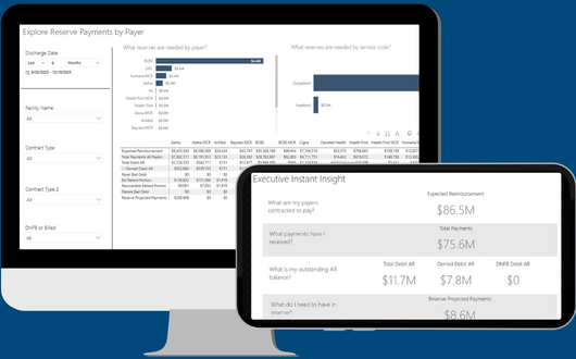 Two digital screens showing dashboards from PMMCs analytics suite