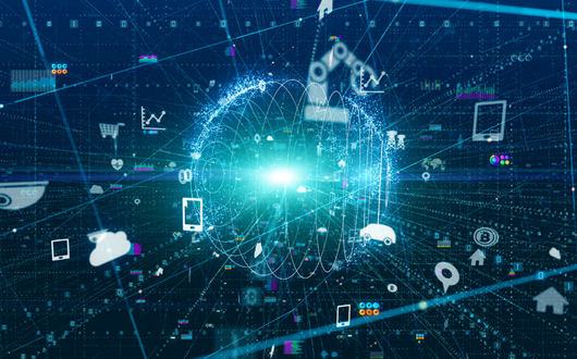 Abstract digital data symbols around a glowing teal light