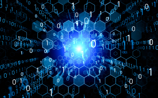 Abstract digital data symbols around a glowing blue light