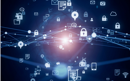 Abstract digital data symbols around a glowing pink and purple light