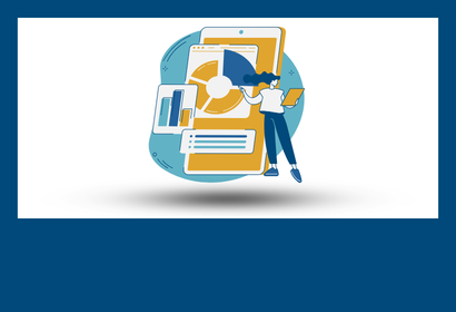 A cartoon person standing in front of data icons hovering over a gray background