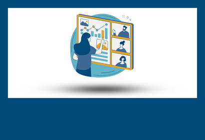 cartoon icon of a person having a digital conference call hovering over a gray background