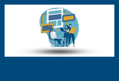 A cartoon icon of people collaborating and chatting hovering over a gray background