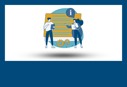 Cartoon icon of 2 people standing confidently hovering over a gray background